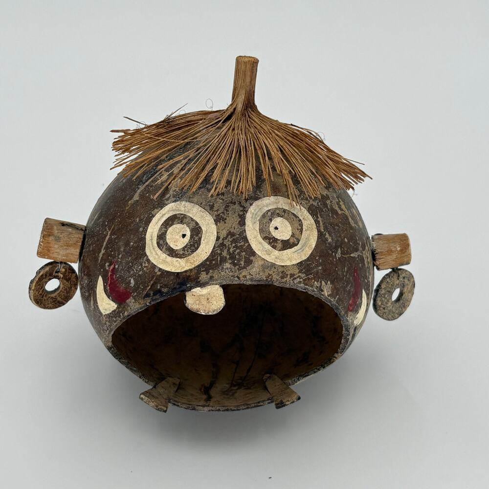 Vintage Coconut Shell Face Figure Decorative Folk Art Philippines Souvenir Tiki